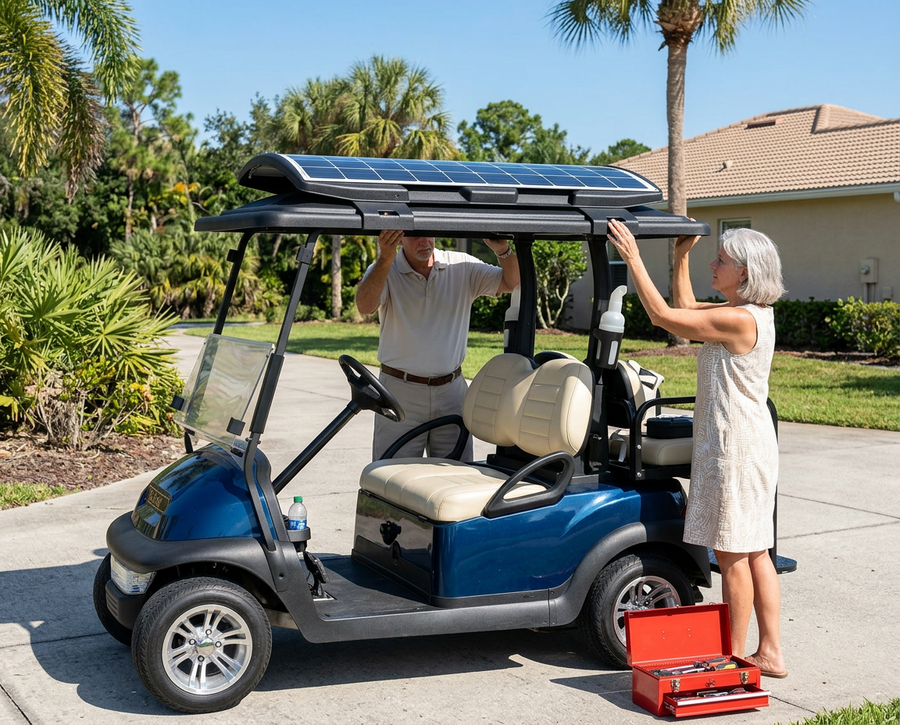 Clamp-on installation of a Ray Rider solar canopy on a golf cart