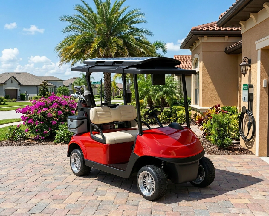 Golf cart needing fewer charges thanks to a Ray Rider solar canopy