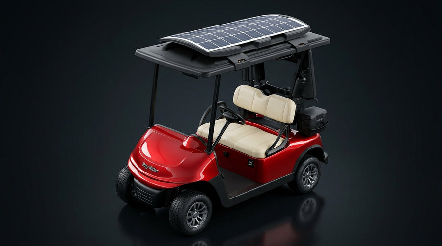 Ray Rider solar canopy on a golf cart - three-quarter angle