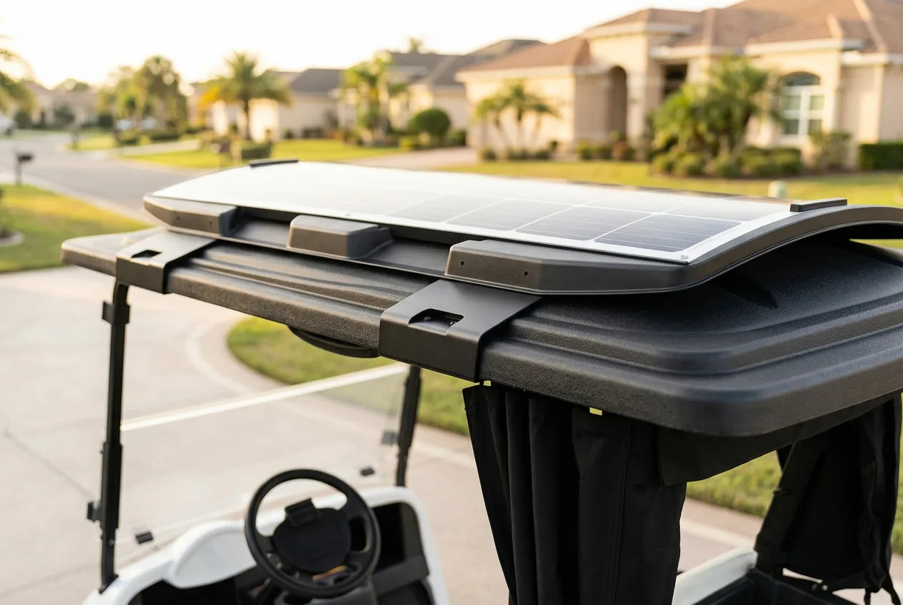 Close-up detail of the Ray Rider solar canopy panel mounted on a golf cart in The Villages, Florida.
