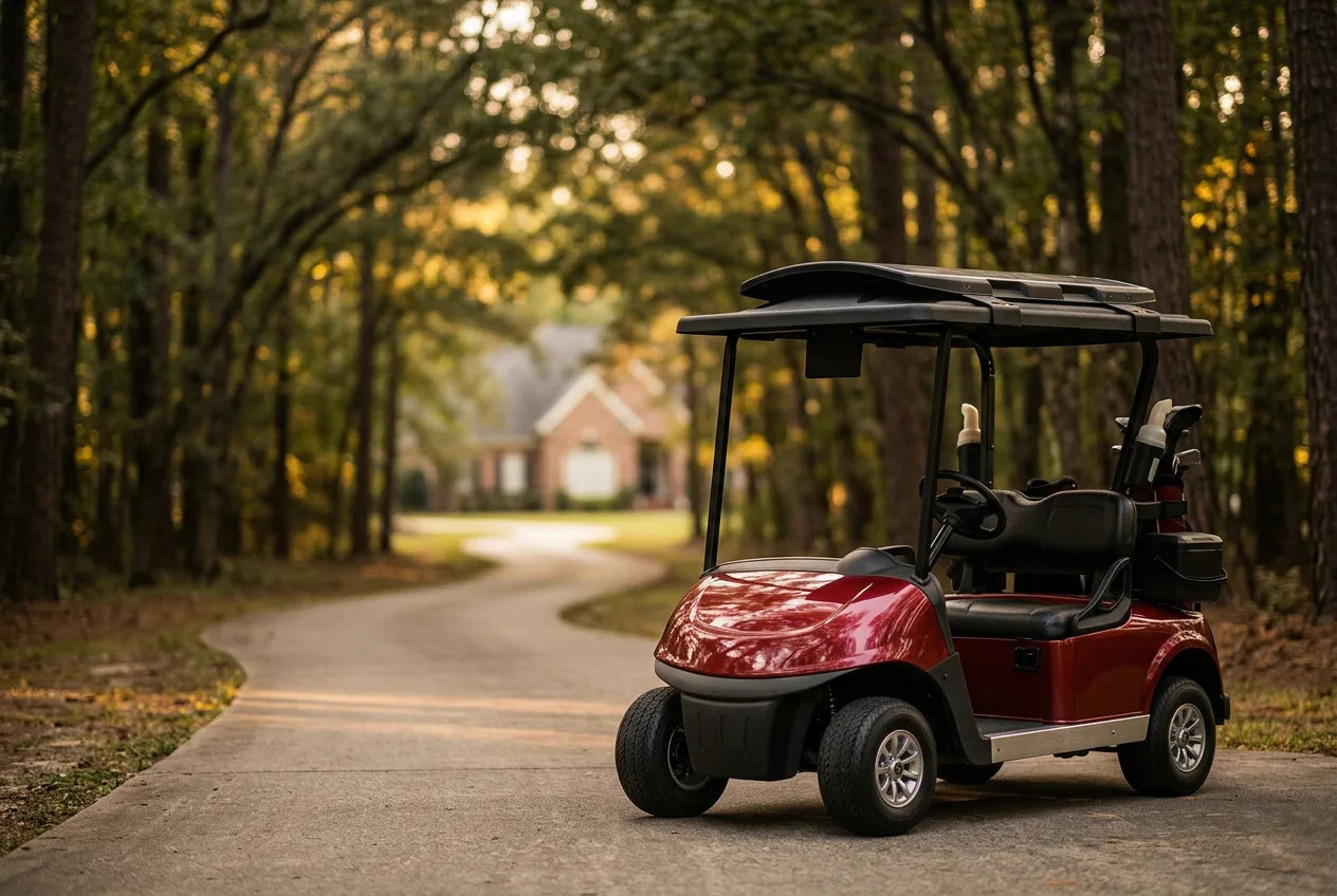 Solar-powered Ray Rider canopy on a golf cart winding through the pine forests of Peachtree City, Georgia.