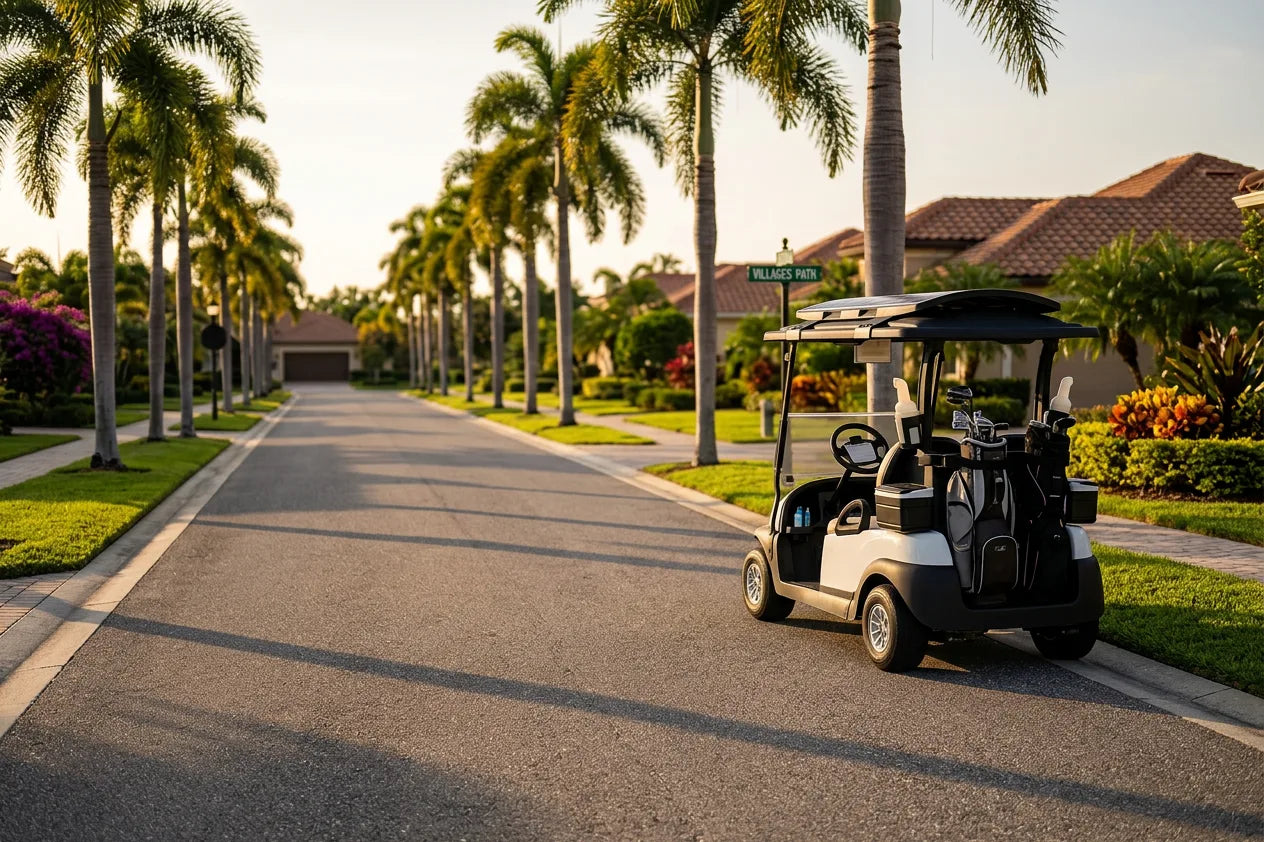 Solar-powered Ray Rider canopy mounted over a two-seater golf cart on a palm-lined Florida boulevard at golden hour.