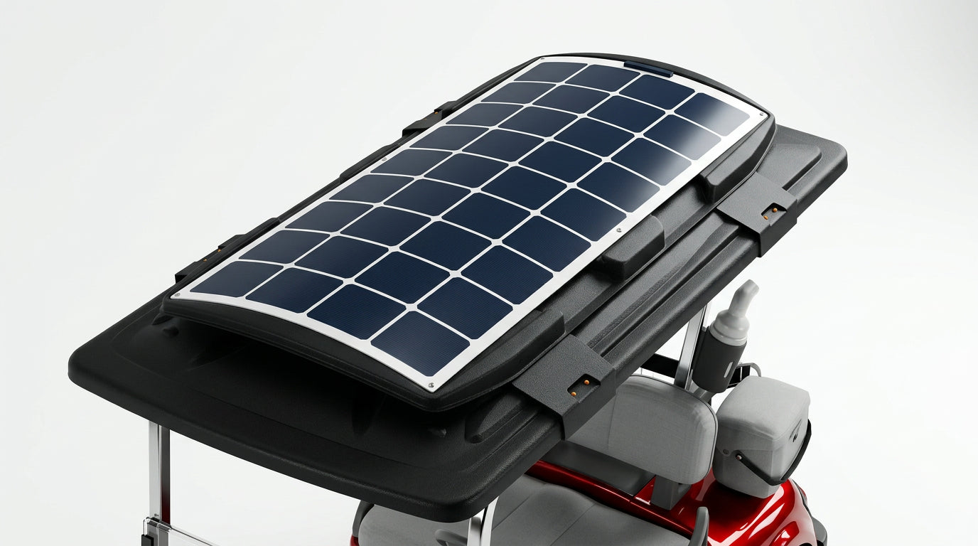 Close-up of the Ray Rider solar panel and universal clamp mounting hardware